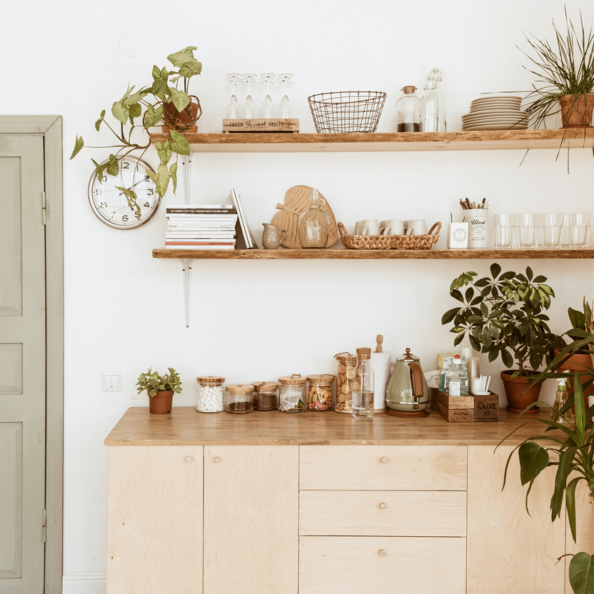 Organized Shelves on Kitchen Interior 